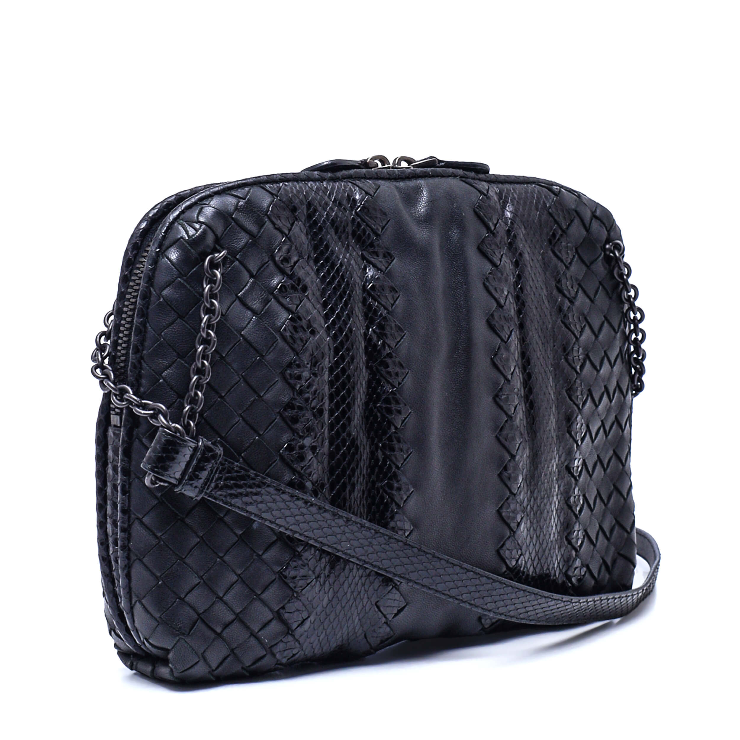 Bottega Veneta - Black Intrecciato Nodini Snakeskin Woven Leather Bag